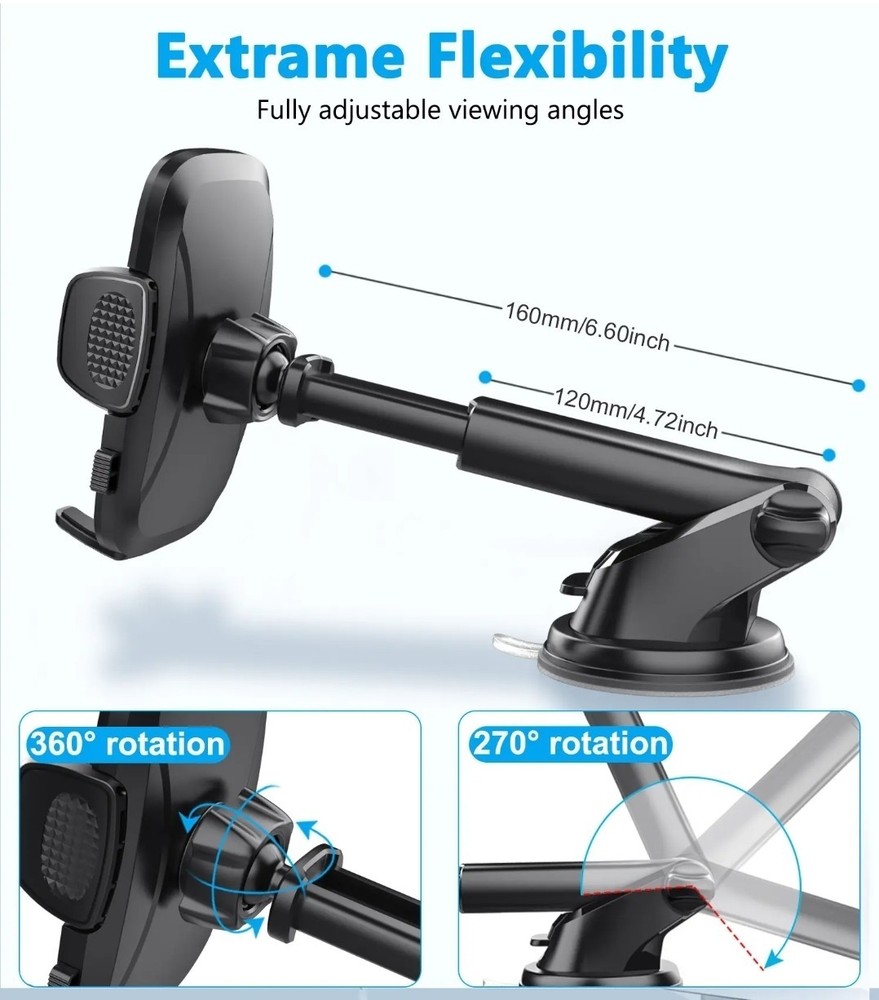 Car Phone Holder, Dashboard Windscreen Sturdy Suction Cup Mount, 360°Universal