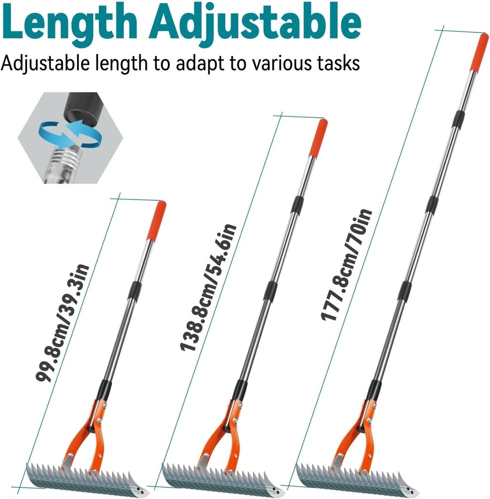 Heavy-Duty 19-Tine Dethatcher Rake with 70'' Adjustable Handle for Lawns
