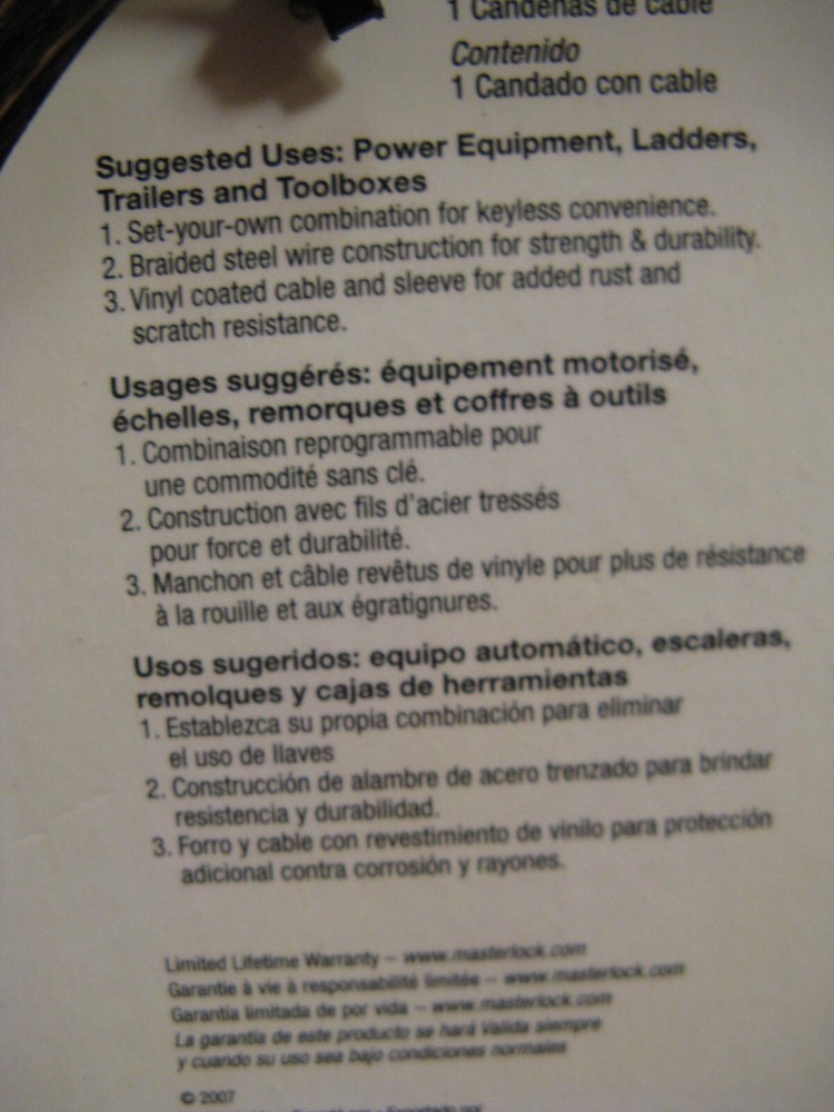 New Master Lock 5 ft Combination Cable Lock 8119DPF 60"