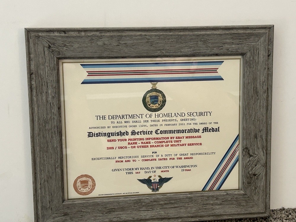 D.H.S. DISTINGUISHED SERVICE COMMEMORATIVE MEDAL CERTIFICATE ~ Type 1