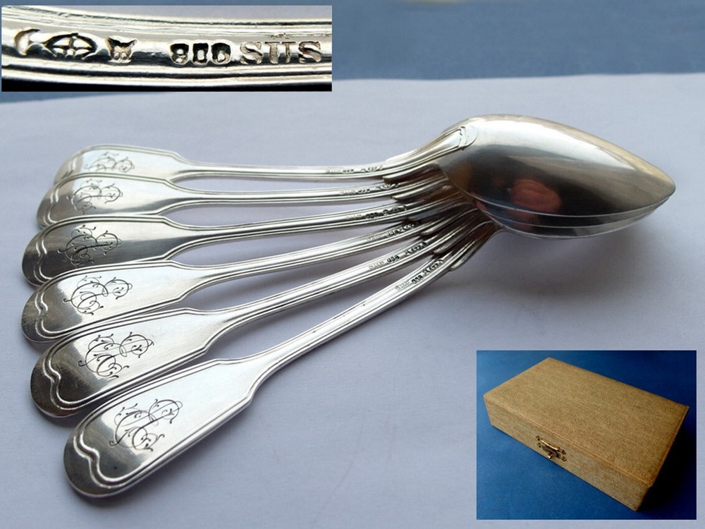 Set, 6 Tea Spoon, Thread Augsburger, Sus , 800er Silver, Um 1900 E558