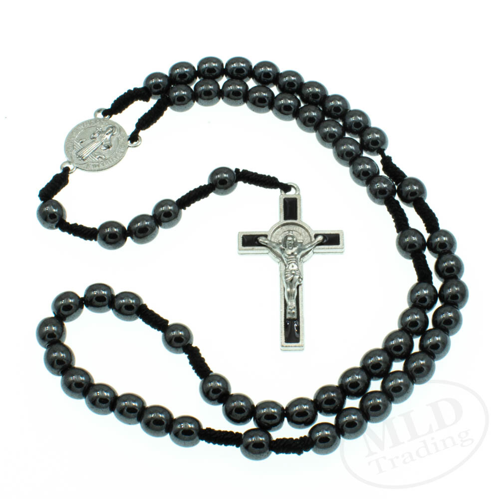 Saint St Benedict Medal Cord Rosary Black Hematite Beads Rosario San Benito 12"