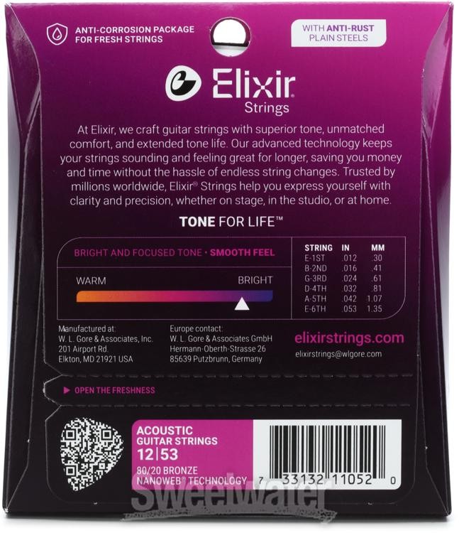 Elixir Strings Nanoweb 80/20 Acoustic Guitar Strings -.012-.053 Light