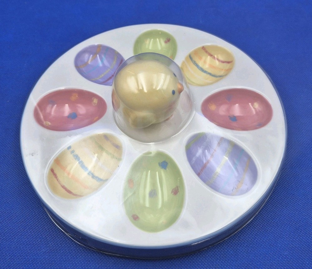 White Blossoms & Blooms Ceramic Easter Egg Serving Platter 8.75" NEW