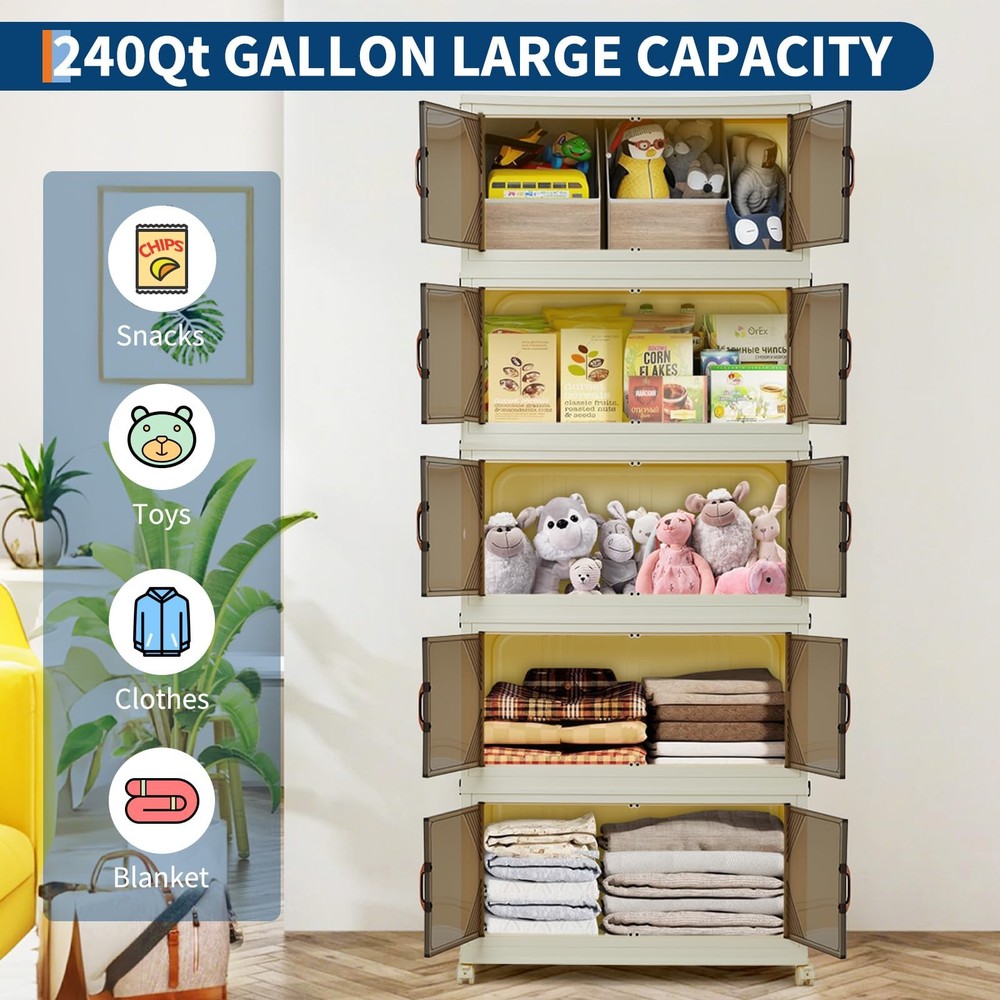 240QT Stackable Storage Bins, Folding Storage with Magnetic Doors & Wheels, L...