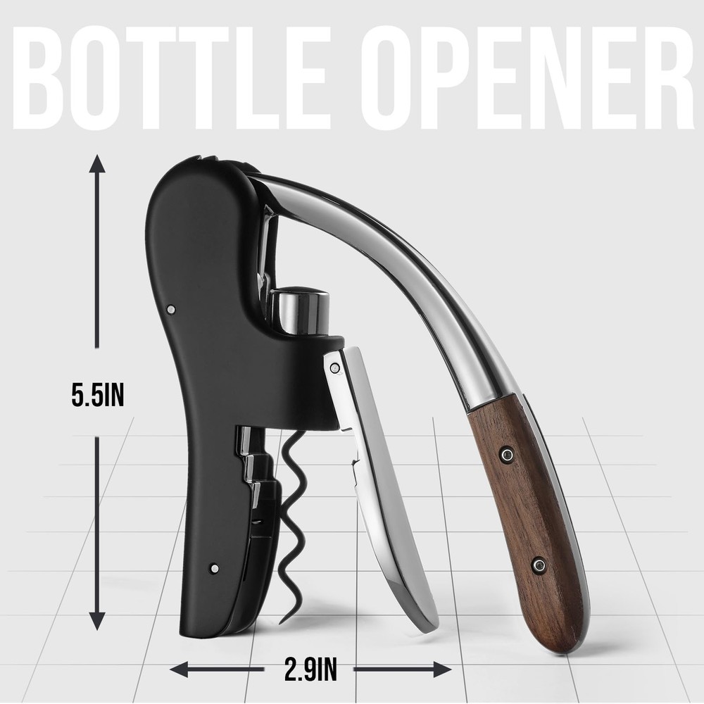 Wine Bottle Opener, Vertical Lever Corkscrew with Built M, Walnut wood handle