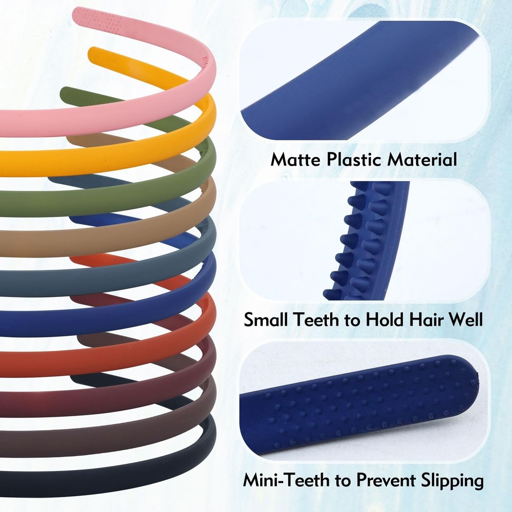 10 Pieces Wide 0.8cm/0.3" Solid Plain Blank Thin Matte Plastic Headbands with...