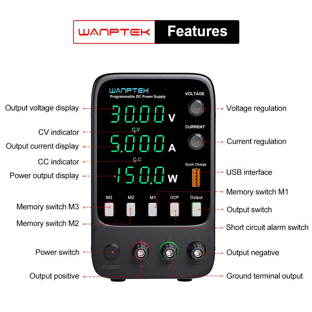 30V 5A Adjustable Lab DC Bench Power Supply Variable Switch Encoder Programmable