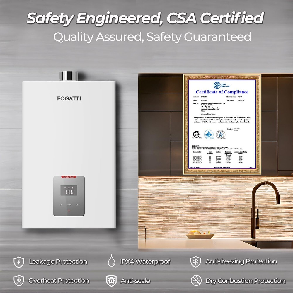 FOGATTI 13L 90,000 BTU Natural Gas Tankless Water Heater 4.0 GPM Instant Hot