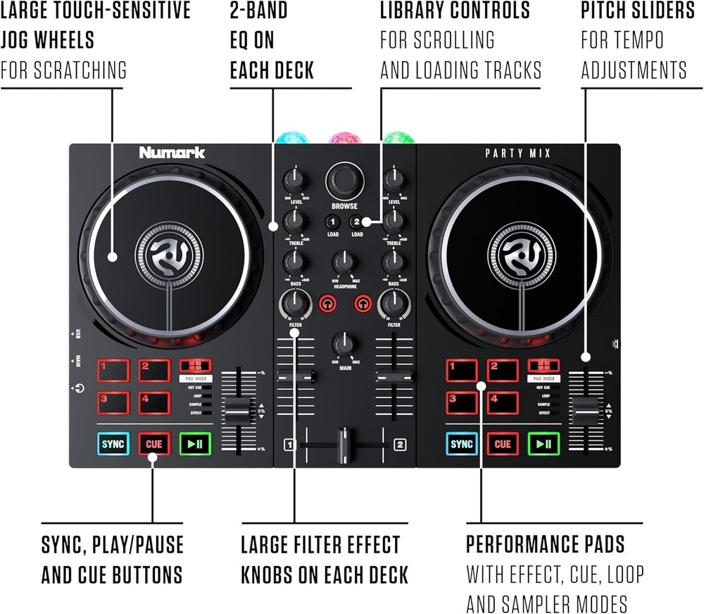Party Mix II DJ Controller with Lights, 2 Decks, Mixer, Audio Interface and