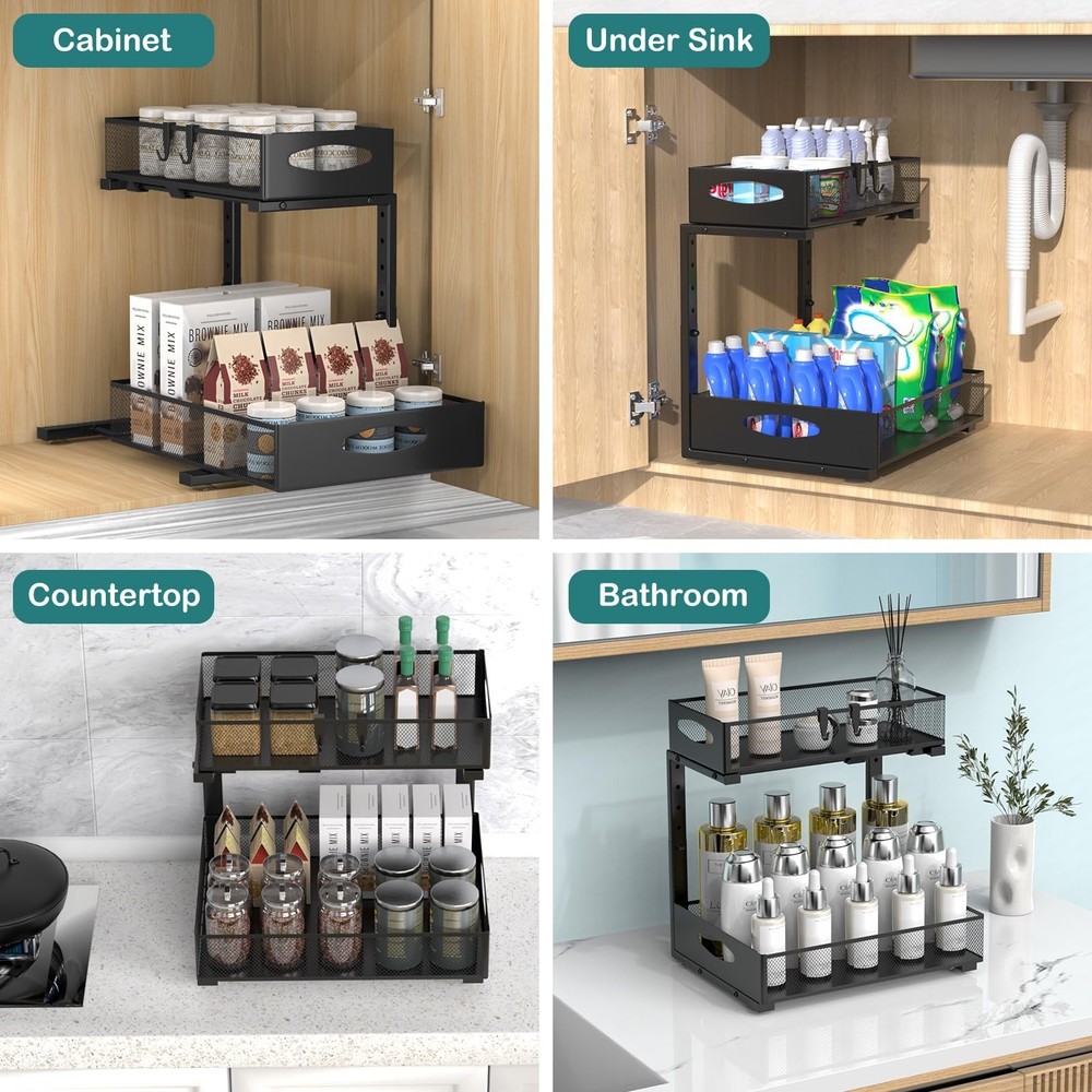Housolution 1 Pack Large Under Sink Organizer, 2 Tier Metal Pull Out Under Si...