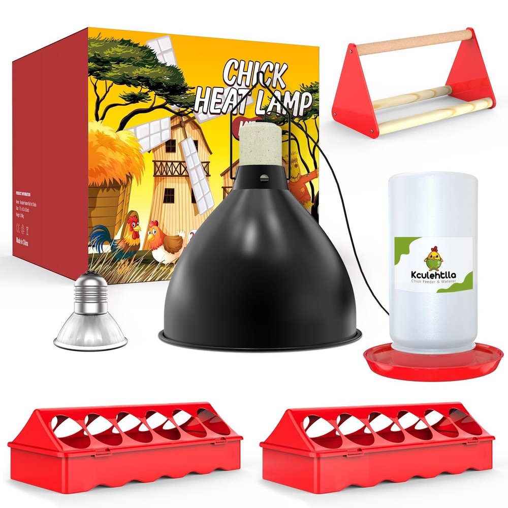All-in-One Chick Brooder Kit with 75W Adjustable Heat Lamp, Spill-Proof Feede...
