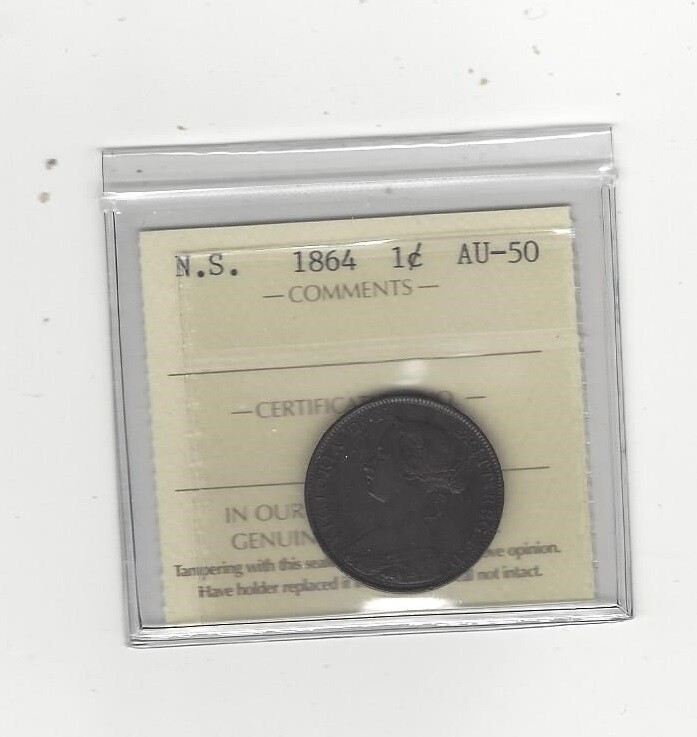 1864 , ICCS Graded Nova Scotia Large Cent, **AU-50**