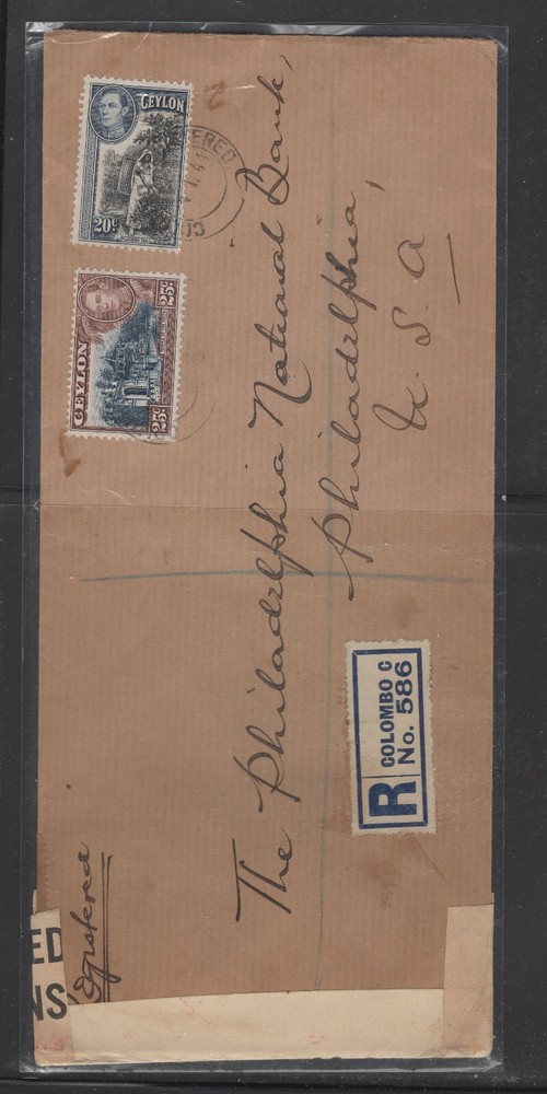Ceylon   long  censor  cover  to  US    registered