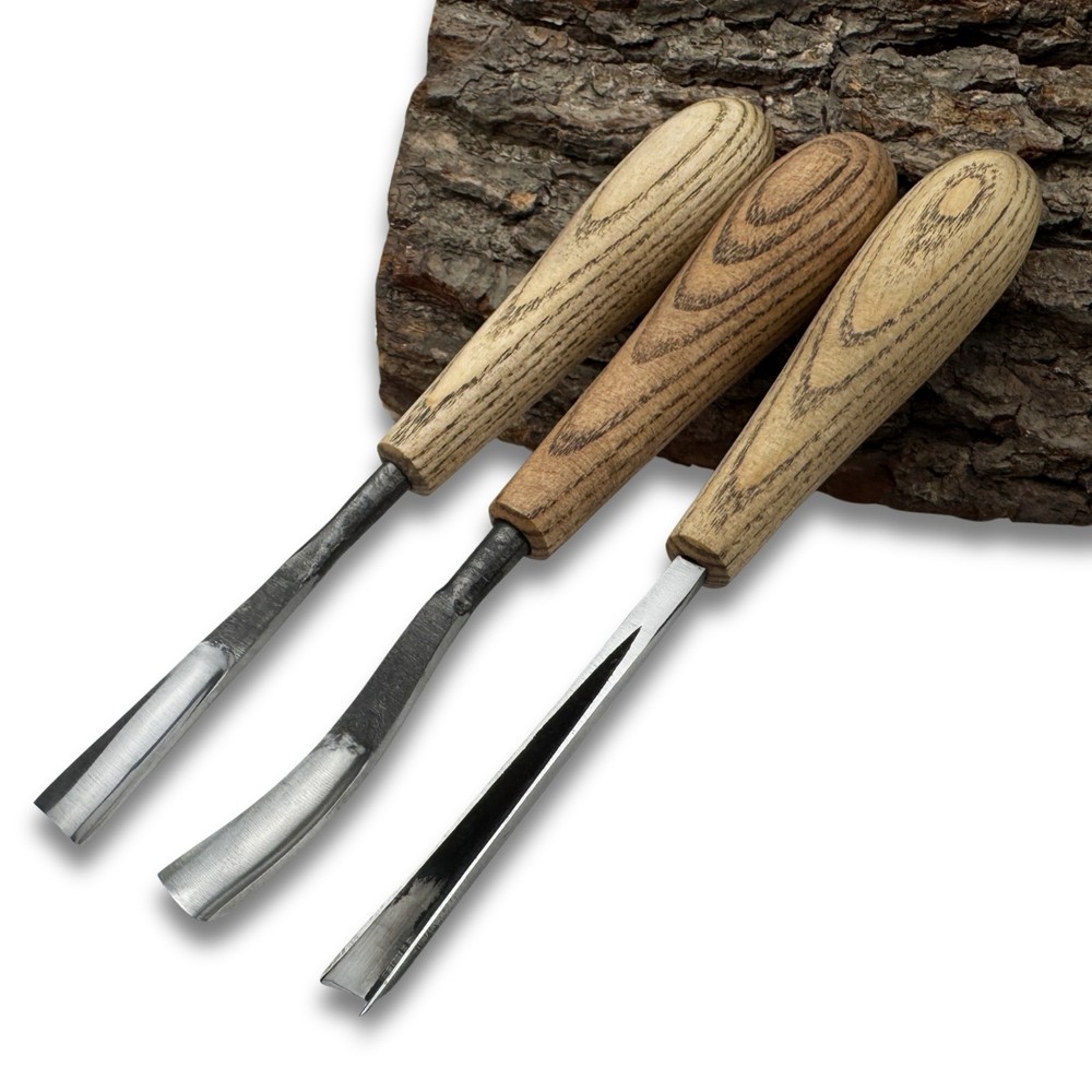 Wood Carving Tool Set 3-Piece – 52100 Steel Blade, Ash Handle, V-Chisel & Gouges