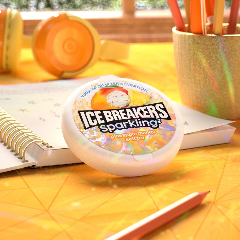 ICE BREAKERS Sparkling Pineapple Mango Seltzer Sugar Free Mints Tins 8 CountICE