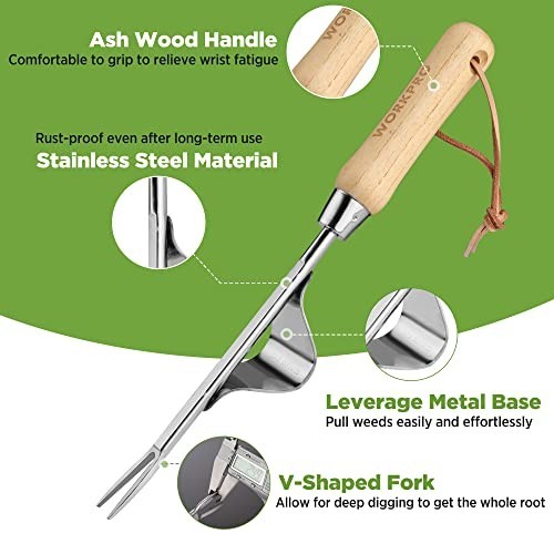 Weed Puller Tool Stainless Steel Hand Weeder V Fork Lever Base Wood Handle