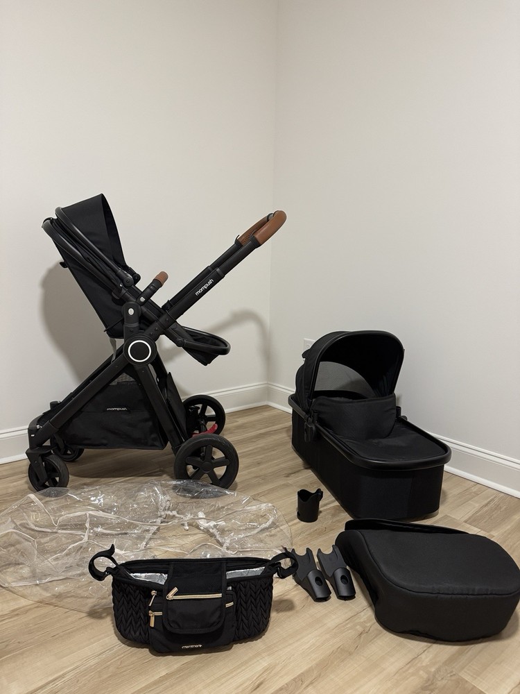 Mompush ultimate black stroller with bassinet attachment