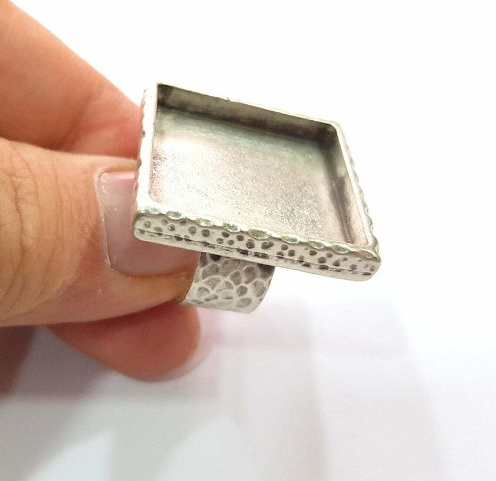 Hammered Square Ring Blank Base Bezel Setting Adjustable Antique Silver