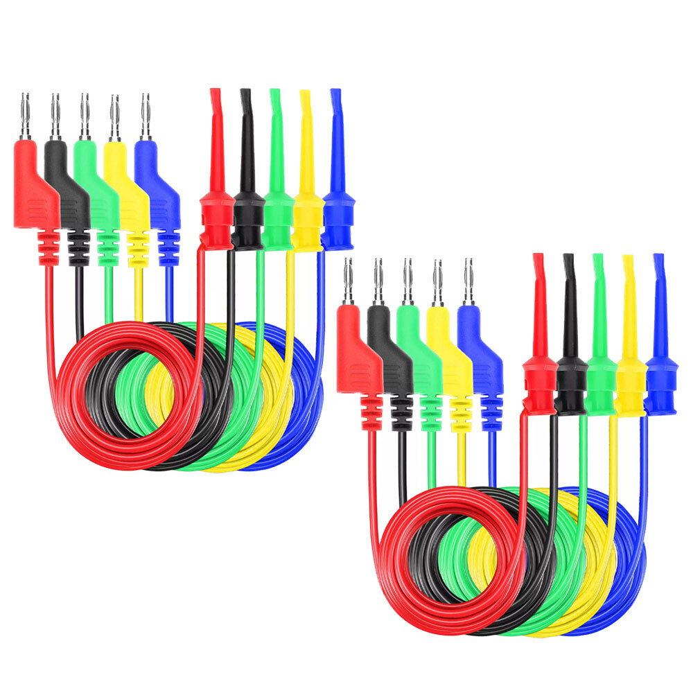 10PC 4mm Stackable Banana Plug to Test Hook Clip Test Leads Mini Grabber Cable