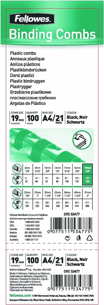 Fellowes A4 19mm Plastic Binding Combs for Comb Binding Machine Binds 121 to 150
