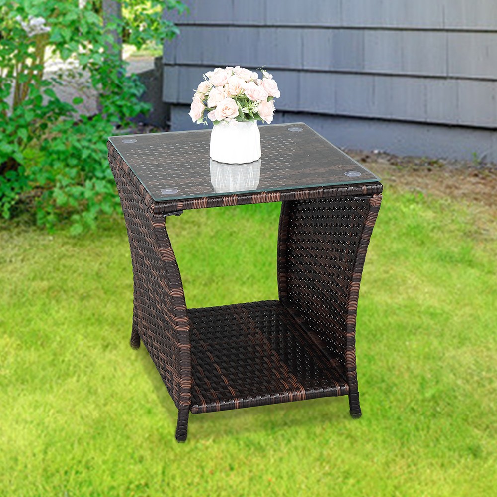Glass Surface Brown Gradient Iron Frame Rattan Side Table,free ship