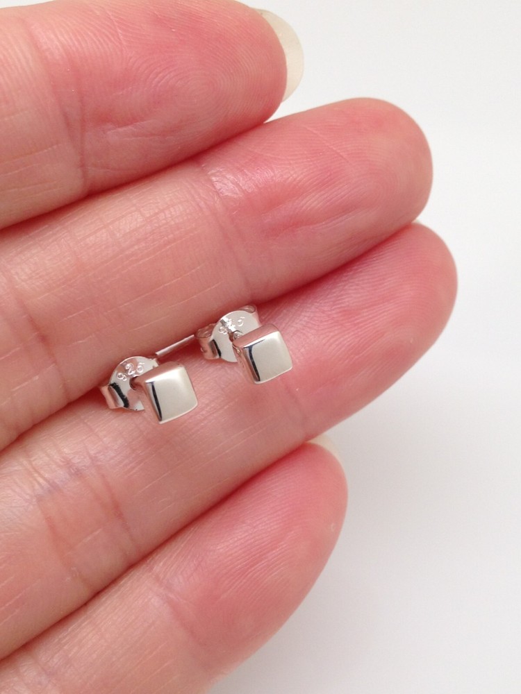 Solid Cube Stud Earrings 925 Sterling Silver Dainty Post Stud Mens Womens 3.5mm