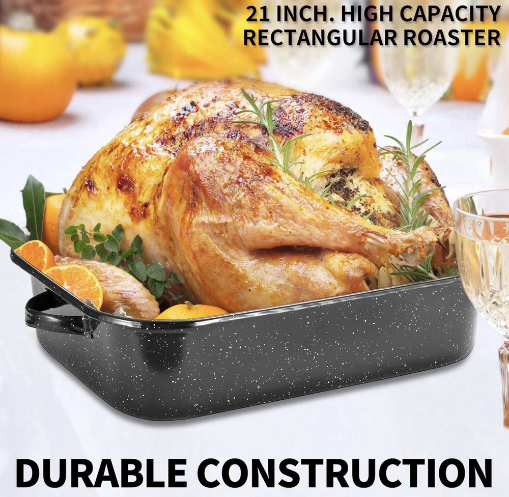 QPMR Roasting Pan with Rack, 21” Rectangular Granite Roaster Pan, 25lb Capacity
