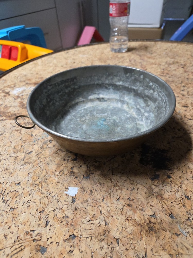 Vintage Copper Tin Lined Bowl Dish 9"x3" Handle Ring