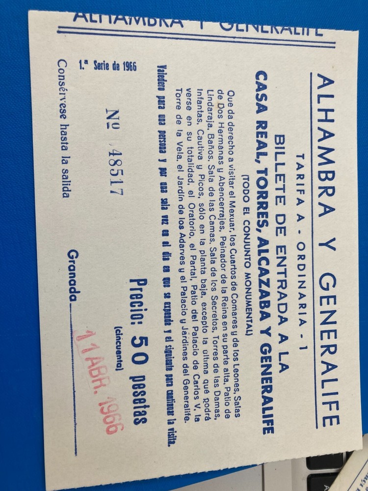 ALHAMBRA TICKET STAMPED 1966