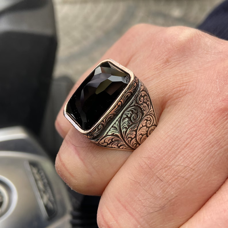 Men Onyx Black Stone Ring Solid 925 Sterling Silver Ottoman Handmade Gift