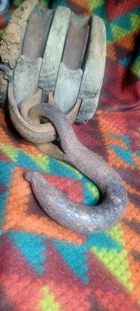 Very Lg. Vintage Dbl. Pully With Hook plus Added Extra Hook. Cast Iron & Wood