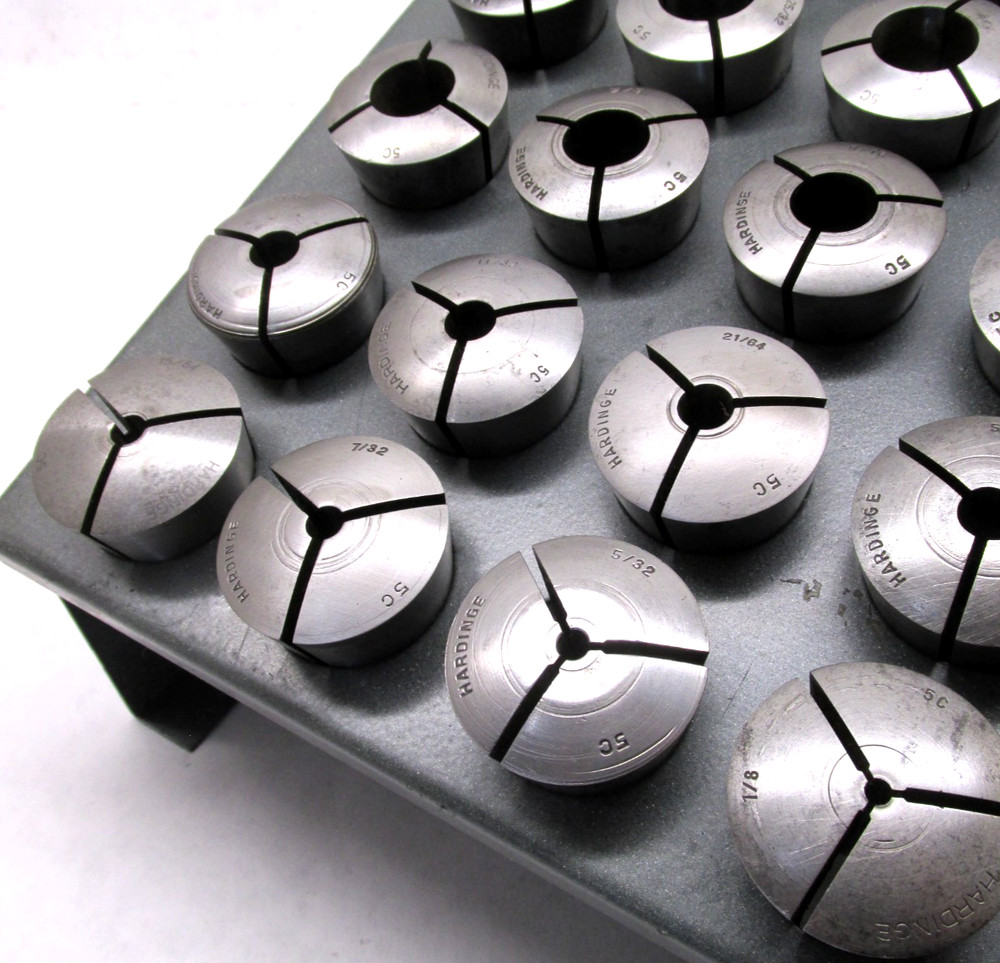 30 HARDINGE ASSORTED 5C ROUND COLLETS w/ RACK