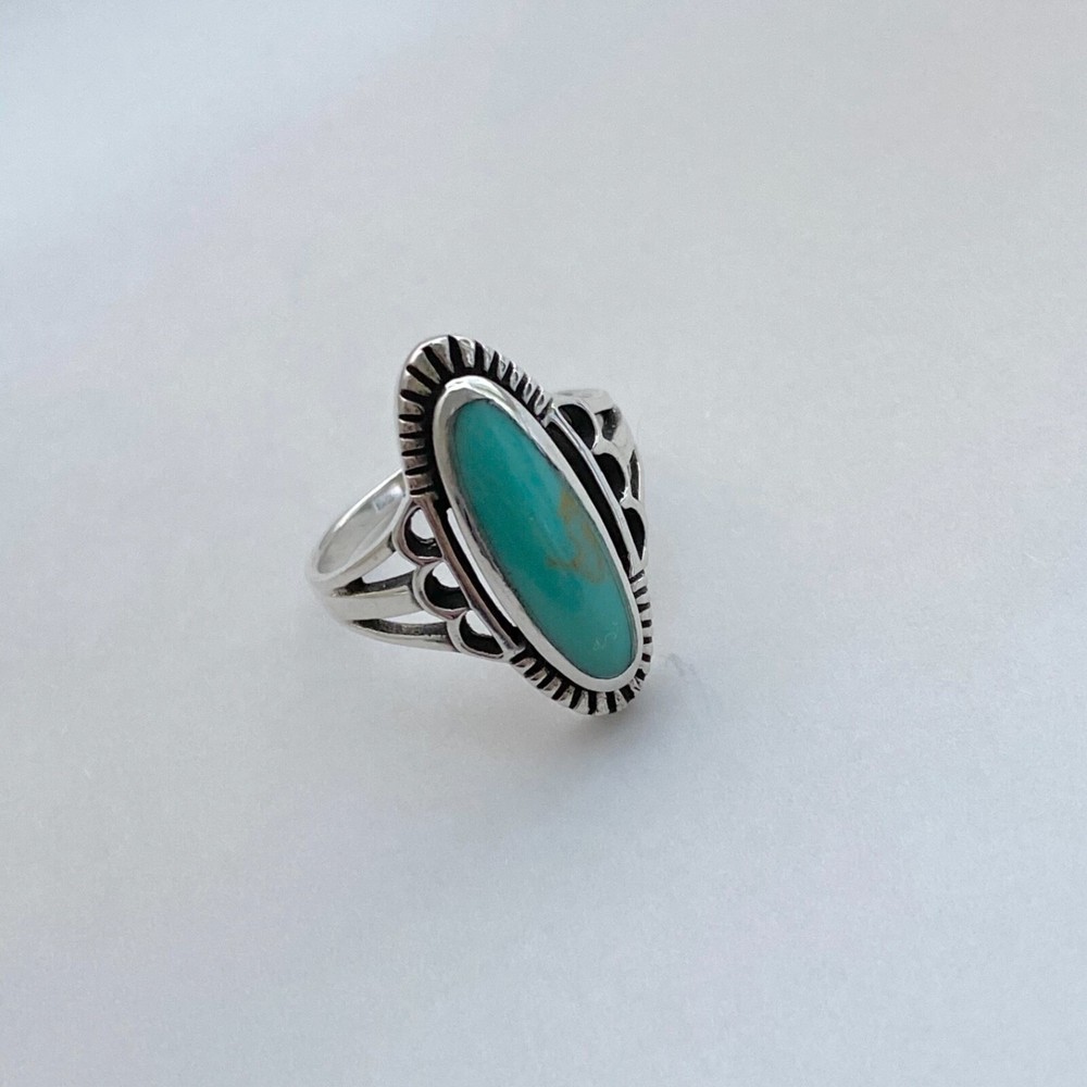 Sterling Silver Etched Oval Synthetic Turquoise Ring, Statement Stone Rings