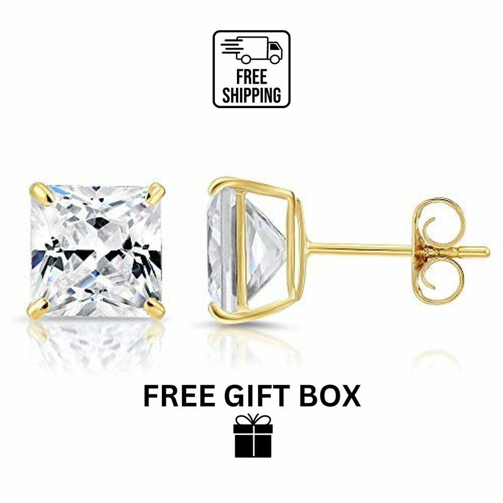 14k solid yellow/white gold square clear CZ basket set stud earrings 3-10mm