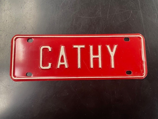 VINTAGE NOS BICYCLE NAME PLATE LICENSE PLATE CATHY