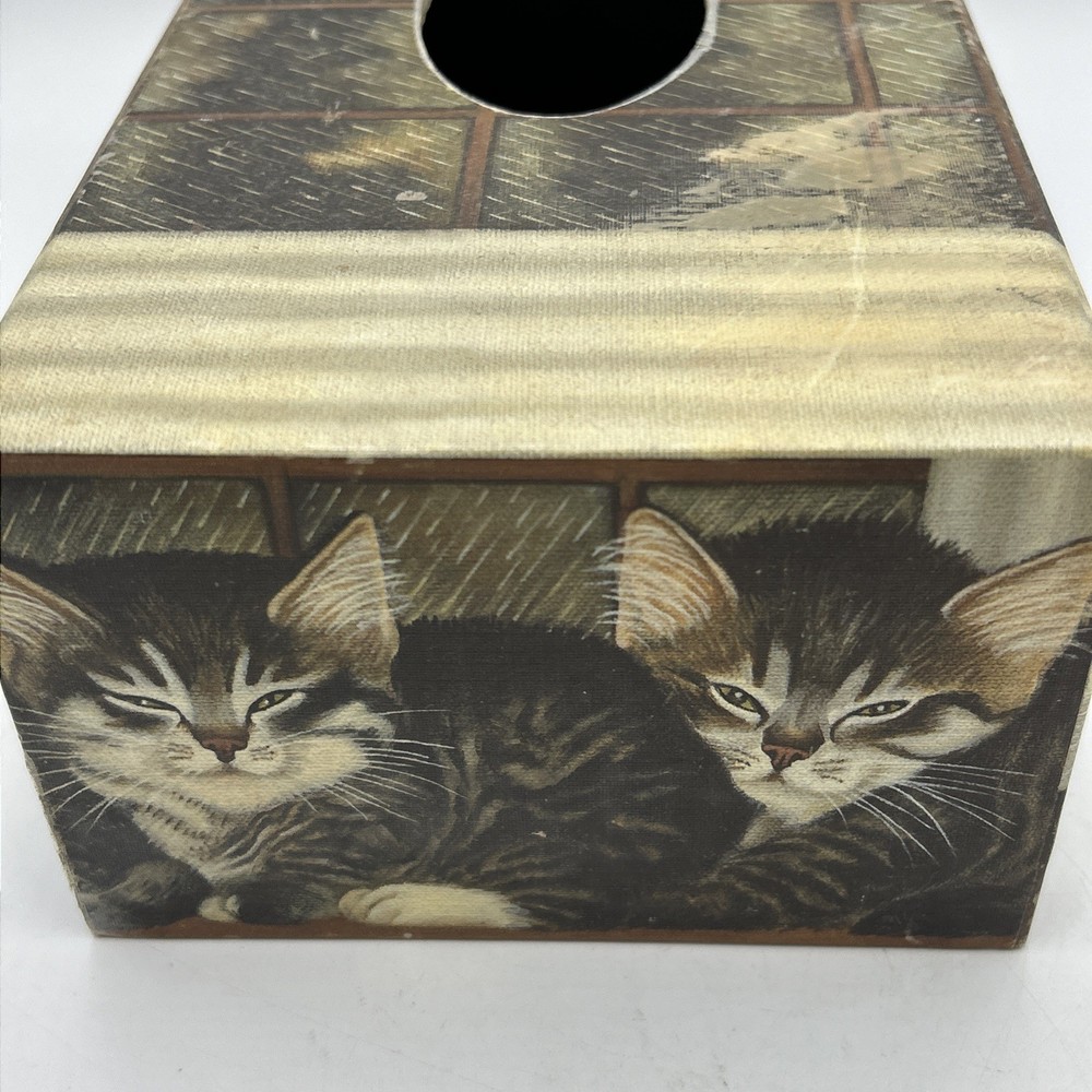 Primitive Tissue Box Bob’s Boxes All Creatures Cats Kittens Rainy Window VTG