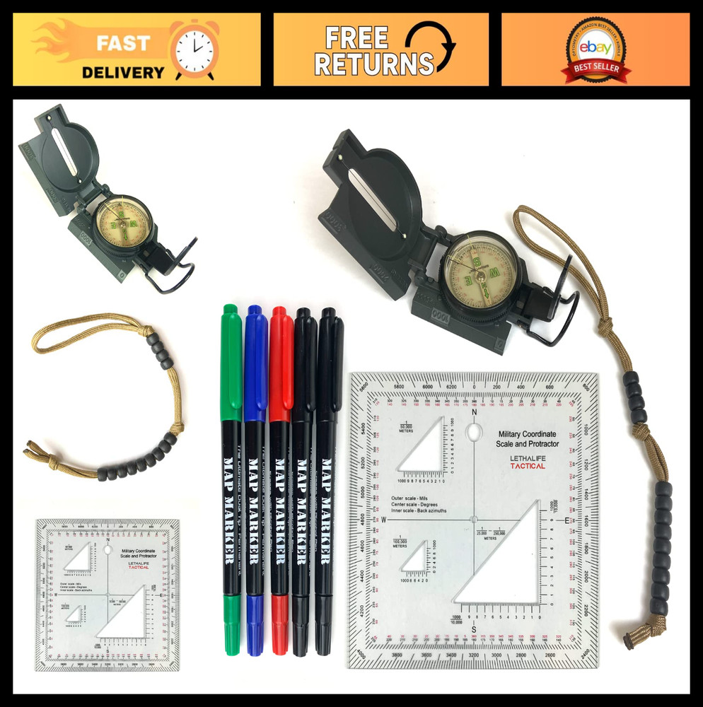 Navigation Kit - Lensatic Compass, Protractor, Pace Counter & Map Markers Set