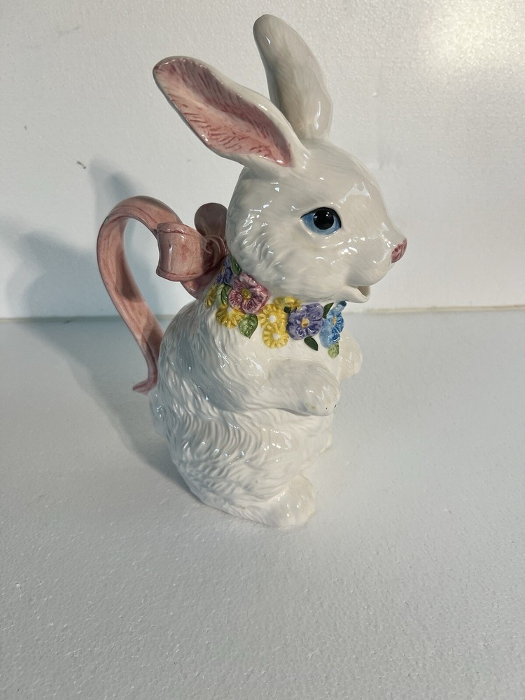 Ceramic White Easter BunnyPitcher Creamer Spring FloralDecor 12 Ounce