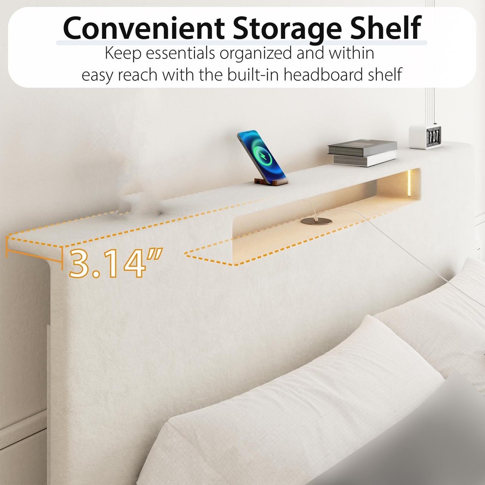 Upholstered Platform Bed Large Size Frame With LED Light And Charging Function