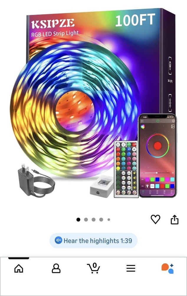 KSIPZE 100FT RGB LED Light Strip, App & Remote Control, Music Sync, Timer