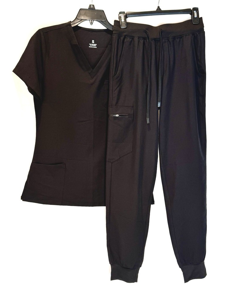 Women’s Size S Solid Black Scrub Set V-Neck & Joggers NEW