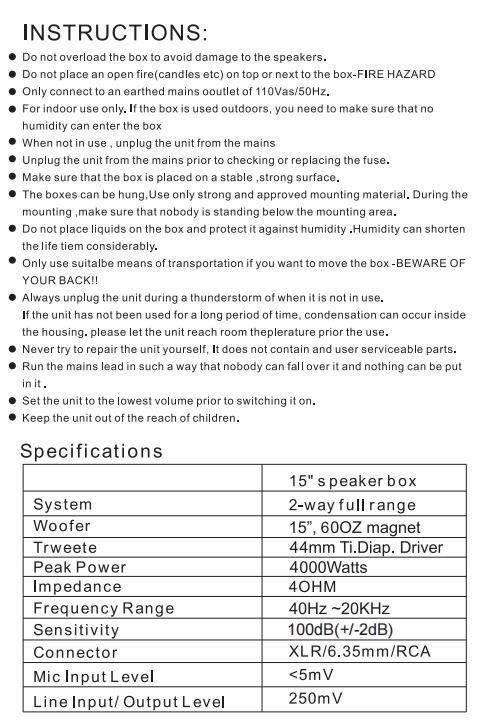 2-Way 15" PA Active DJs Speaker System 4000W Powered Karaoke Bluetooth Speaker