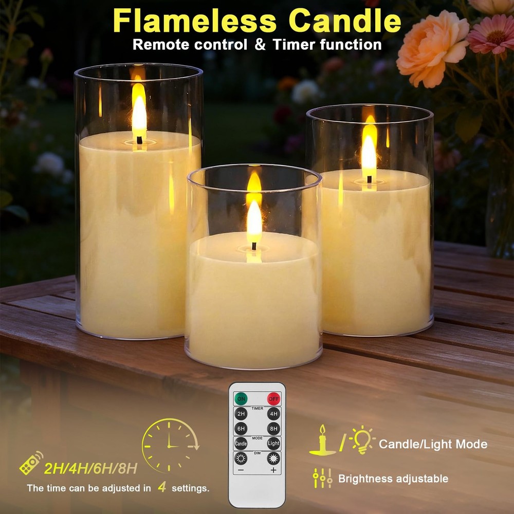 3-Pack Rechargeable Flameless Candles with Remote Control and Timer Function,...