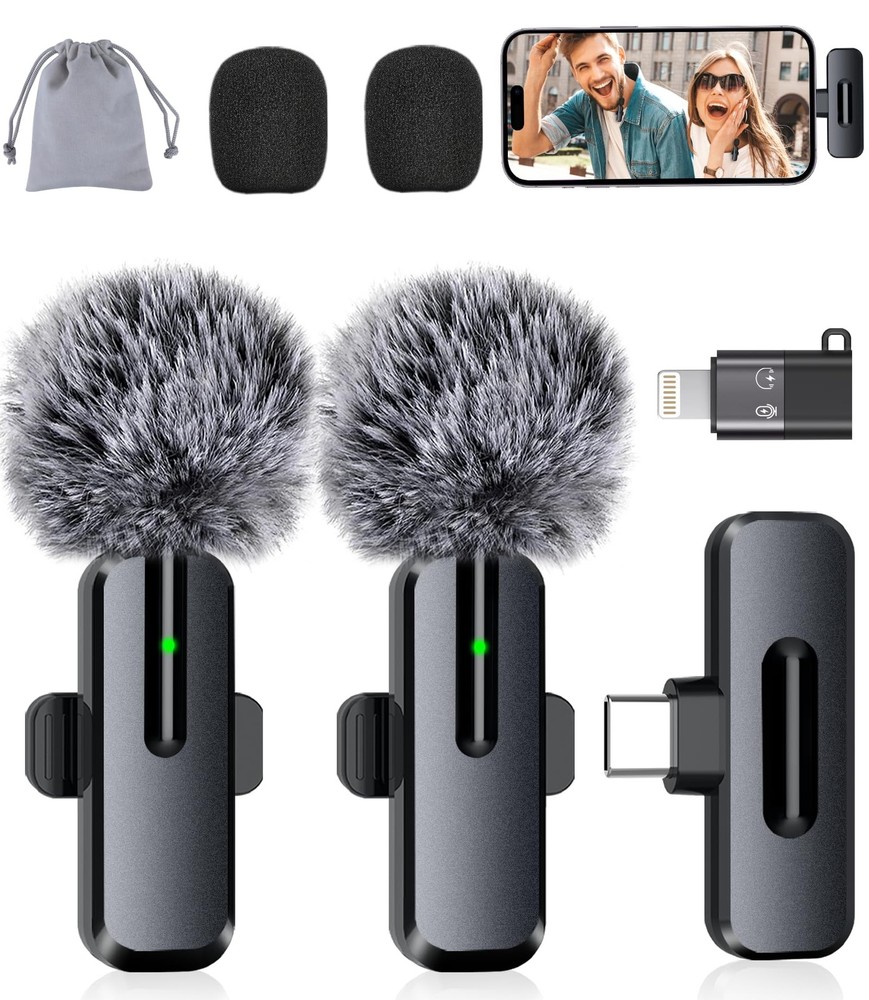 Wireless Mini Microphone for iPhone - 2 Pack Black-(USB-C + Lightning)