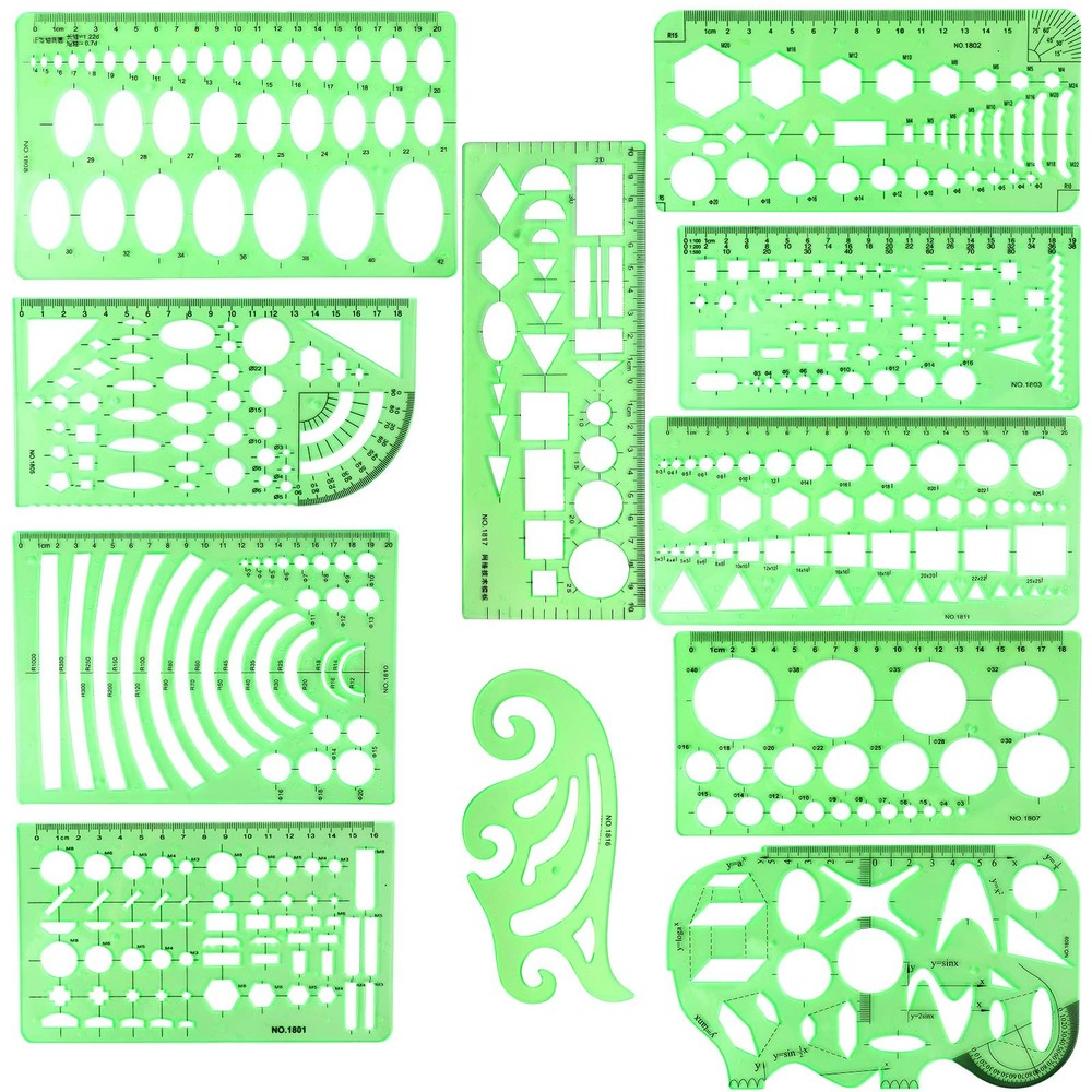 11PCS Geometric Drawings Templates, Drafting Stencils Measuring Tools, Plasti...