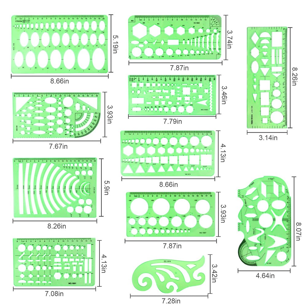 11PCS Geometric Drawings Templates, Drafting Stencils Measuring Tools, Plasti...