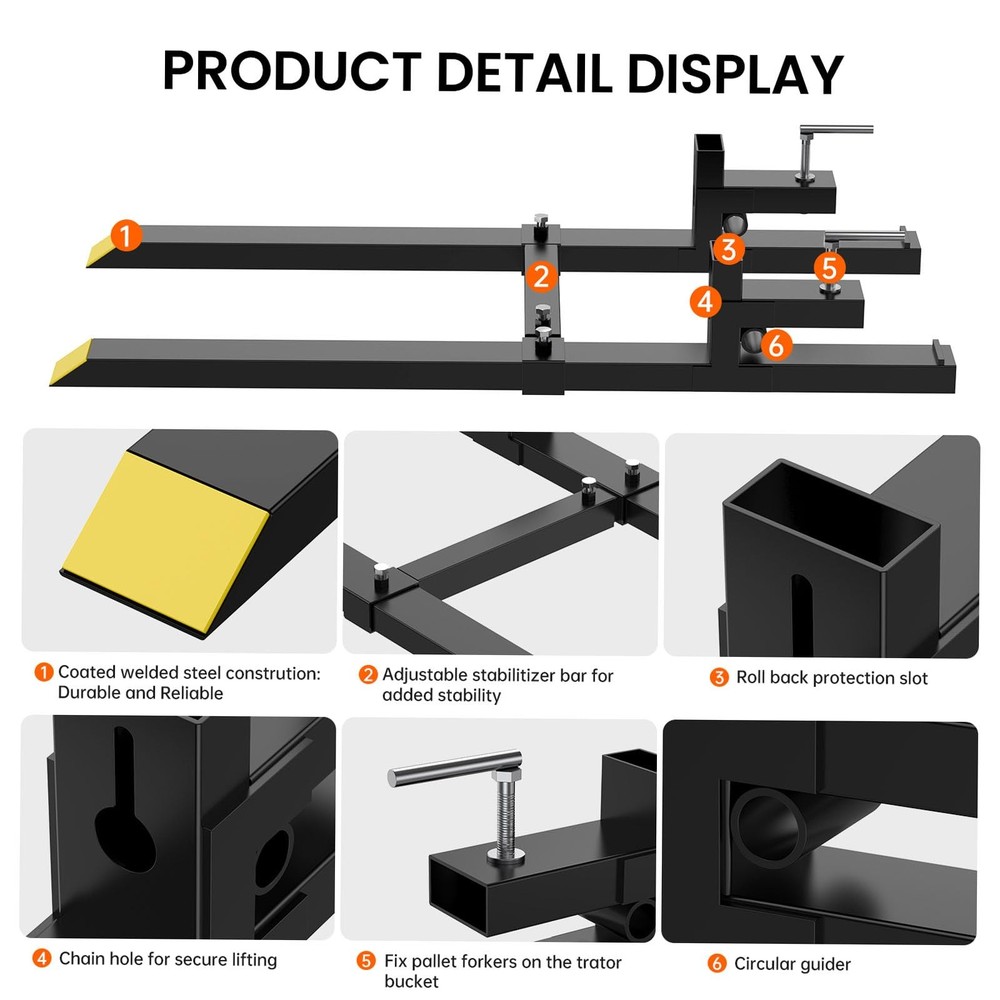 60" 1500lbs Clamp on Pallet Forks Fork Rack with Adjustable Stabilizer Bar