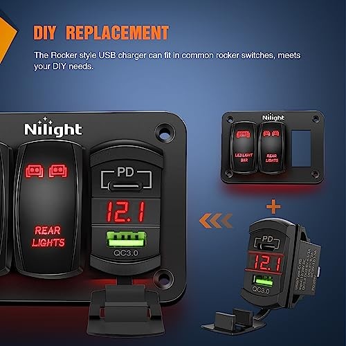 Rocker Switch Style USB Outlet LED Voltmeter Quick Type C + USB Voltmeter Red