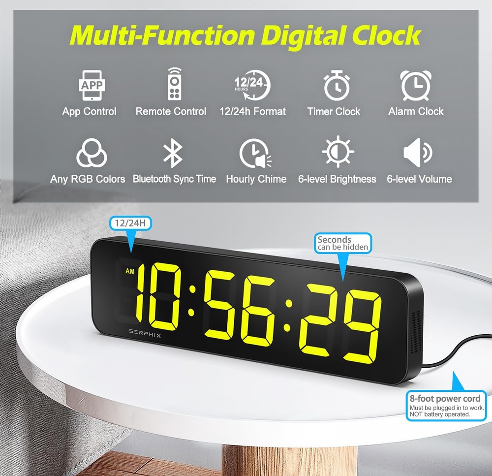 15.2" Large Digital Wall Clock with App & Remote Control, Customizable RGB Co...